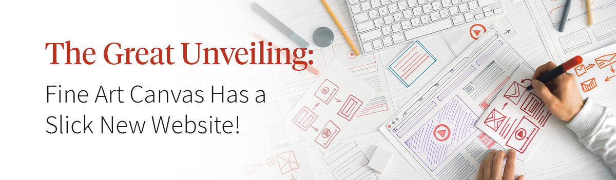 Image of digital scaffolding with the text overlay The Great Unveiling:Fine Art Canvas Has a Slick New Website