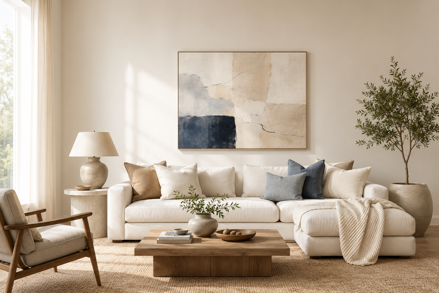 A bright, styled living room with an abstract framed painting above a cream sectional sofa, representing the Fine Art Canvas Design Library