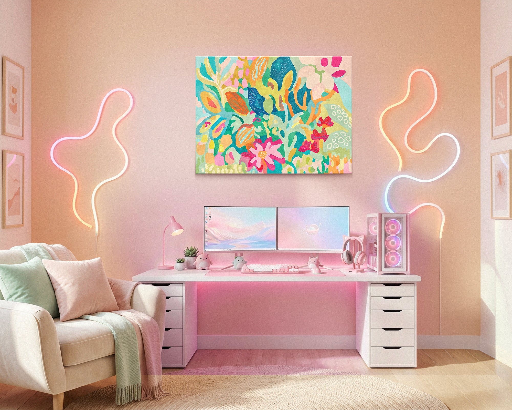 Modern neon wall art for entertainment rooms — bold saturated canvas prints that create electric atmosphere without commercial feel