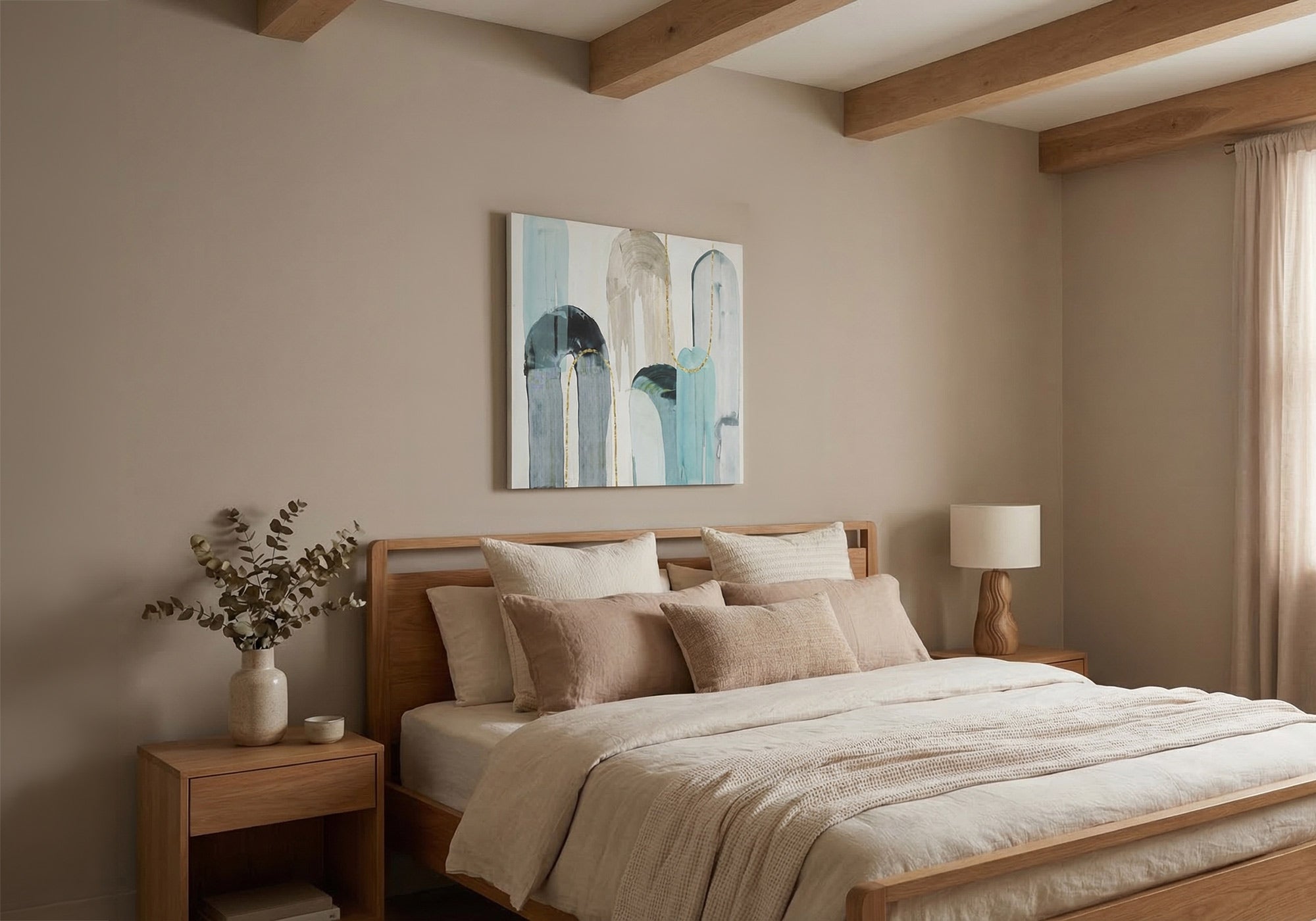 Modern guest bedroom wall art - contemporary canvas art above a guest bed in a refreshed, current room