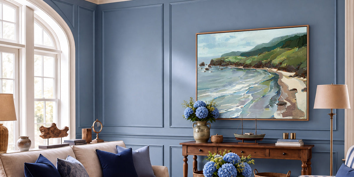 Coastal Nautical living room lifestyle image with wall art above the sofa
