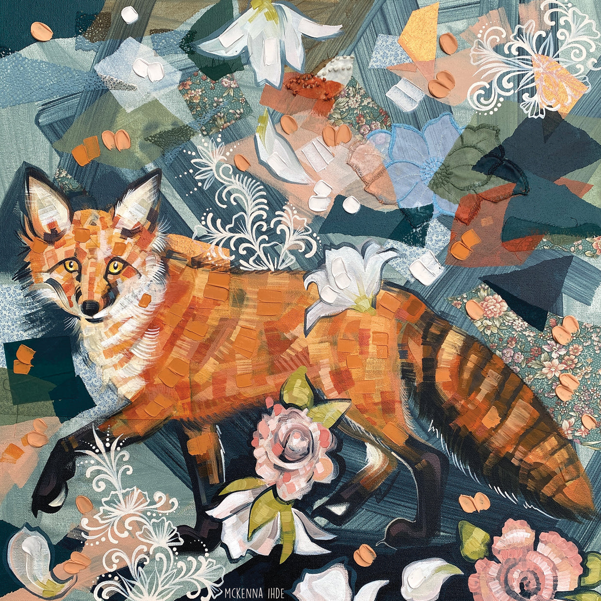 Fox in Pink Flowers