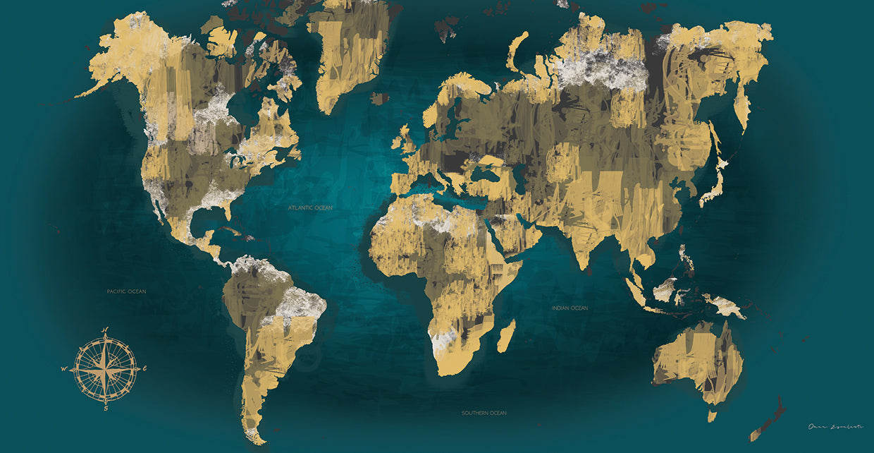 Sketched World Map Blue Crop