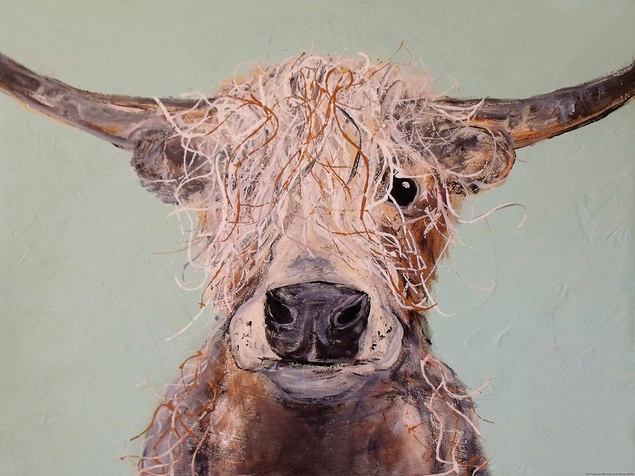 Baylor by Laura Sue Peters is a charming longhorn steer paintingΒ printed on canvas or framed canvas