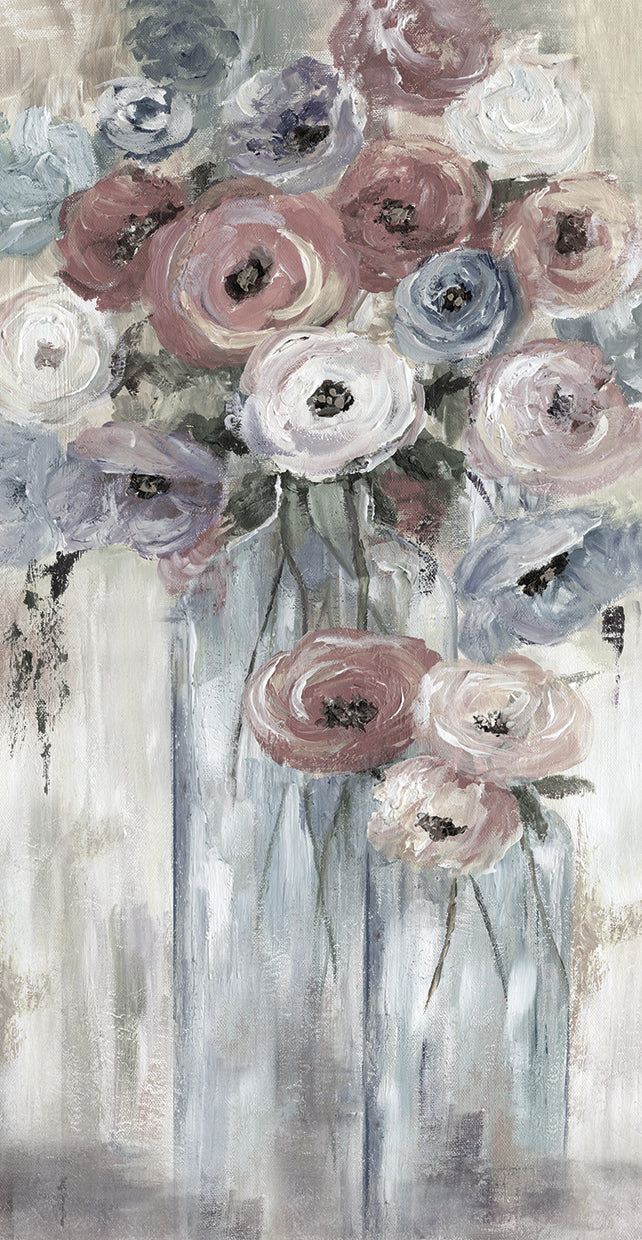 Bottles & Blooms Soft by Nan - handcrafted wall art work on large canvas & framed canvas prints, made to order