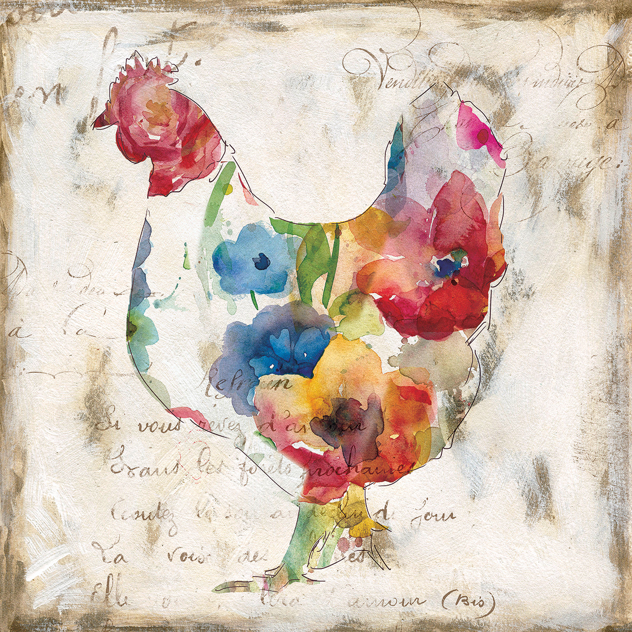 Flowered Hen by Carol Robinson is a vibrant and cheerful chicken hen and floral painting printed on canvas or framed canvas