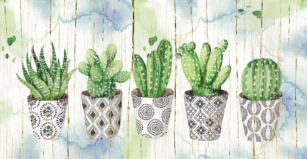 Potted Succulents on Wood by Elena Vladykina is a cactus plant botanical painting printed on canvas or framed canvas