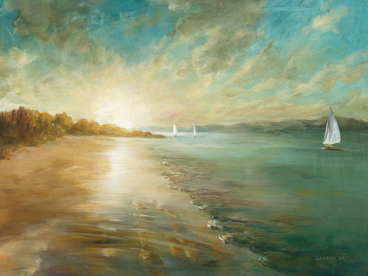 Coastal Glow by Danhui Nai is a relaxing nautical coastal landscape painting printed on canvas or framed canvas