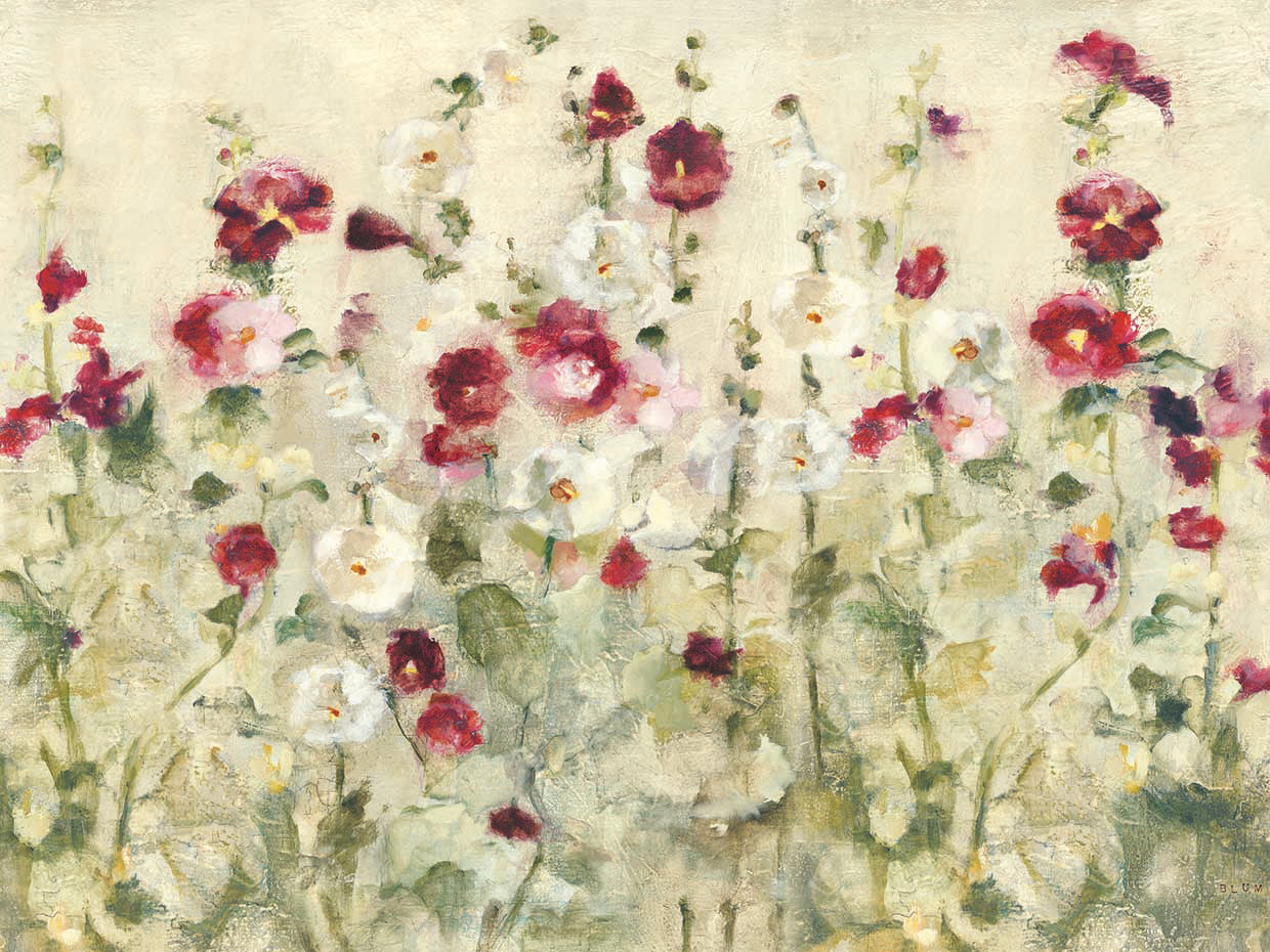 Hollyhocks Row Cool by Cheri Blum is a colorful and painterly floral garden painting printed on canvas or framed canvas