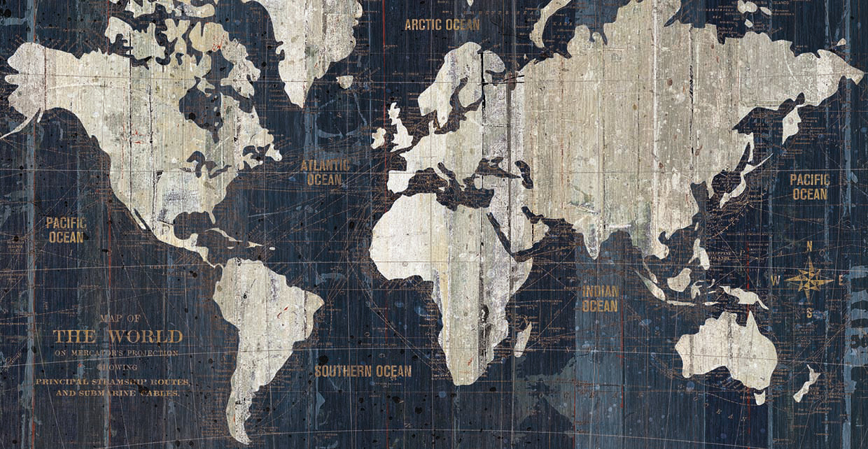 Old World Map Blue by Wild Apple Portfolio is contemporary world map painting printed on canvas or framed canvas