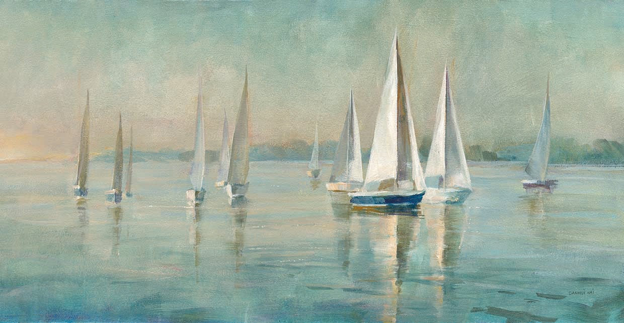 Sailboats at Sunrise Crop by Danhui Nai - handcrafted wall art work on large canvas & framed canvas prints, made to order