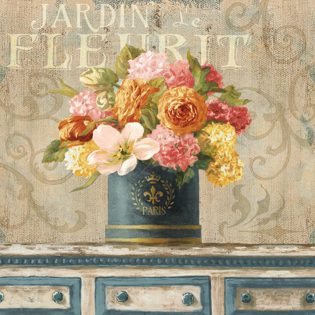 Tulips in Teal and Gold Hatbox by Danhui Nai - museum quality wall art work on large canvas & framed canvas prints