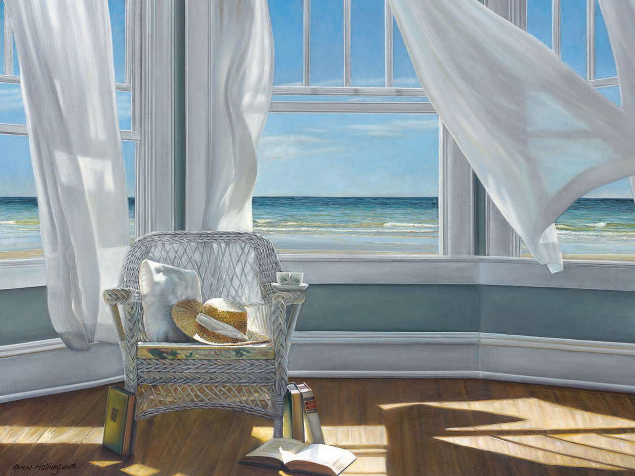 Gentle Reader by Karen Hollingsworth is a breezy interior coastal landscape painting printed on canvas or framed canvas