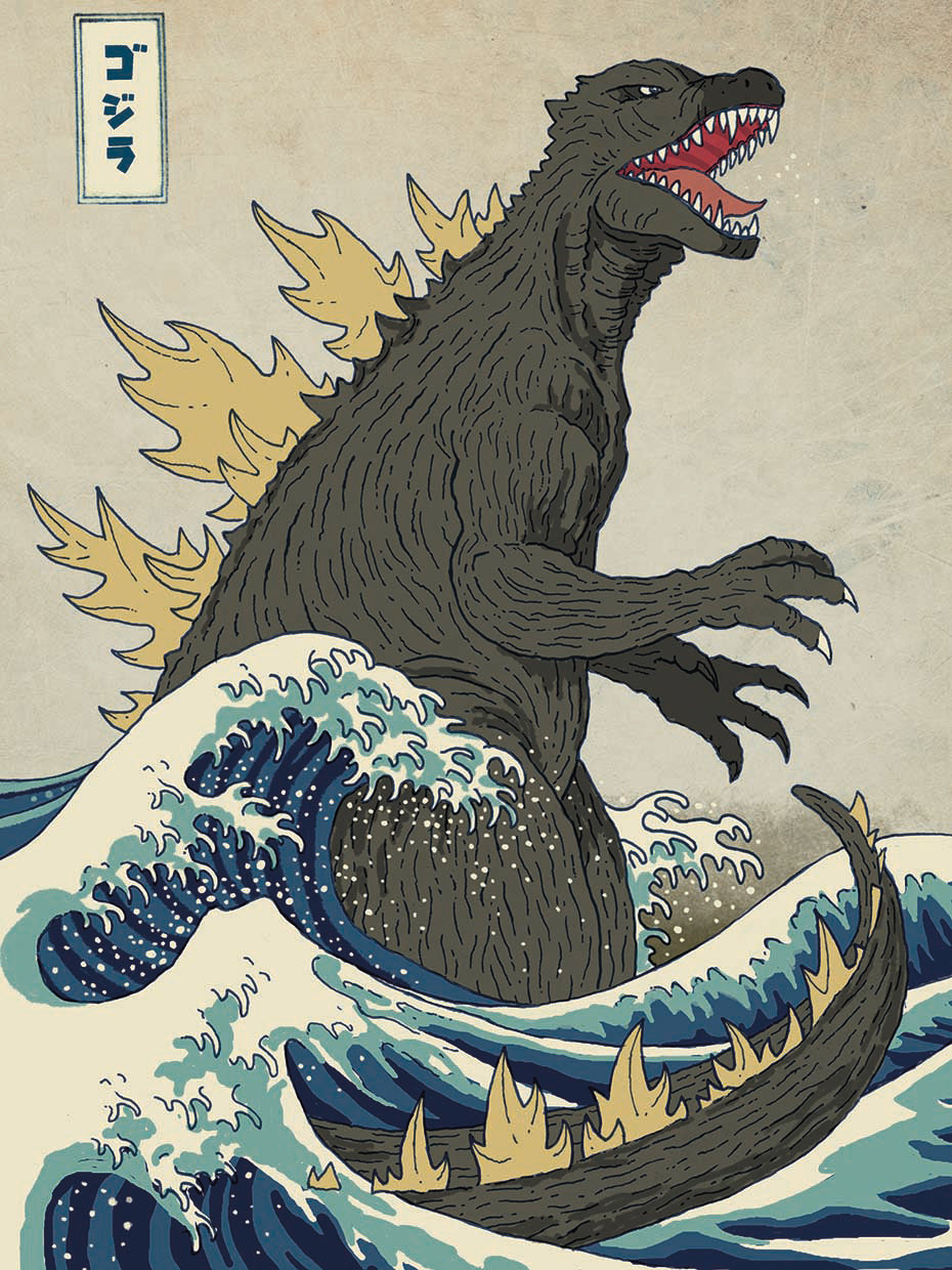 The Great Monster off Kanagawa by Michael Buxton is a colorful and whimsical painting printed on canvas or framed canvas