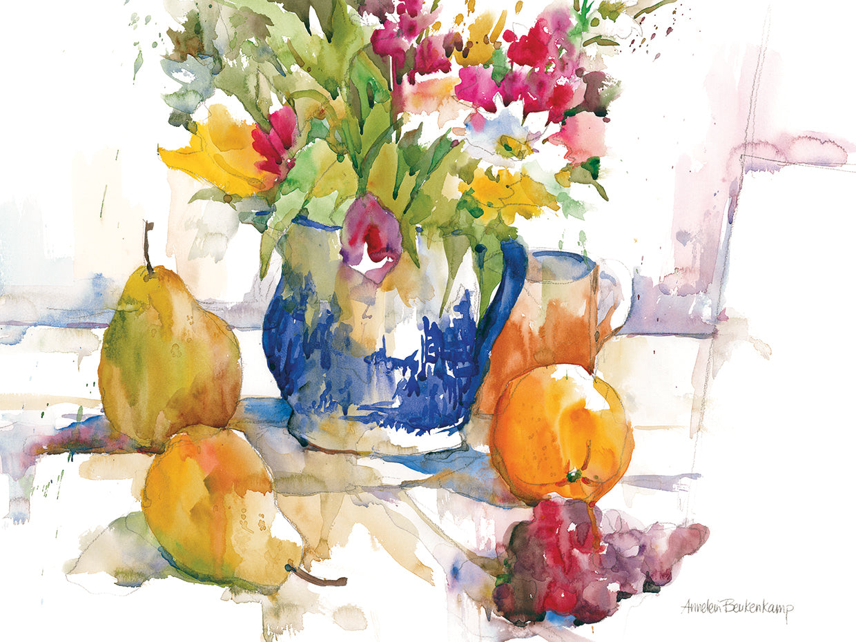 Blue Patterned Jug by Annelein Beukenkamp - larger sizes handcrafted wall art work on large canvas & framed canvas prints