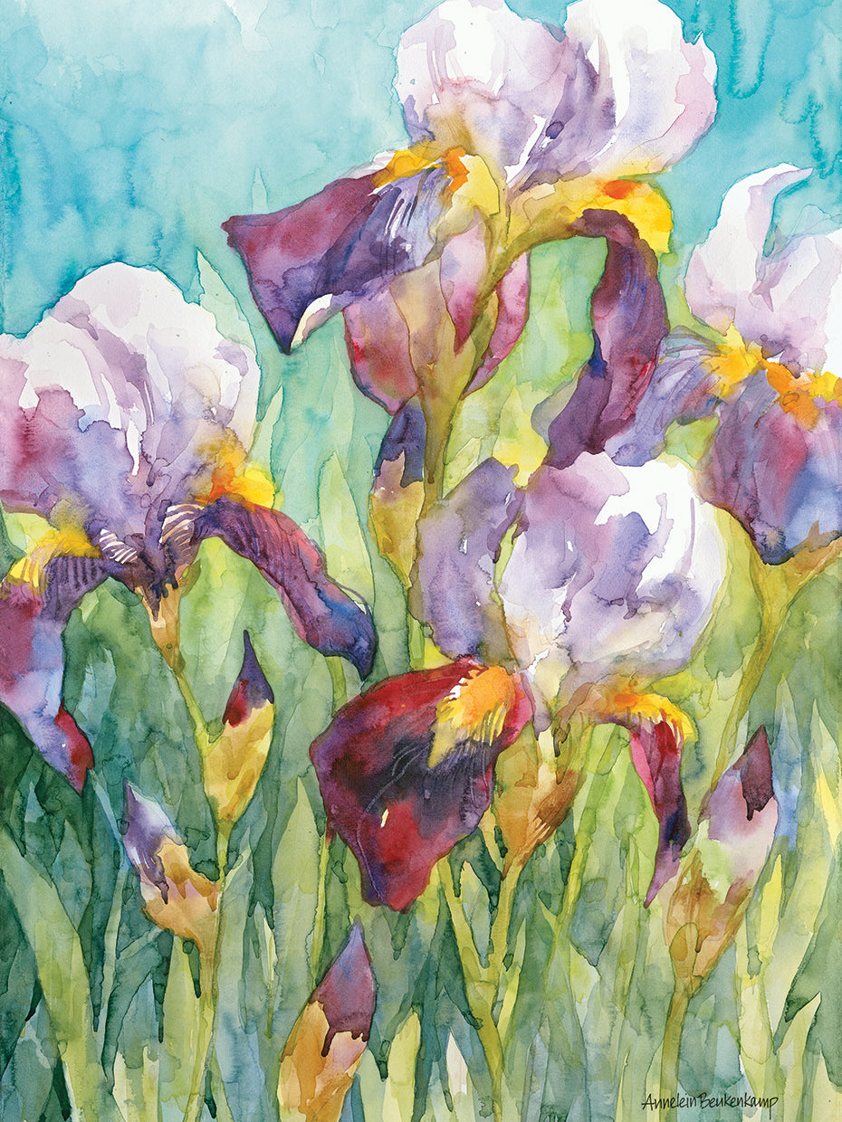 Iris Blue Skies by Annelein Beukenkamp - handcrafted wall art work on large canvas & framed canvas prints, made to order