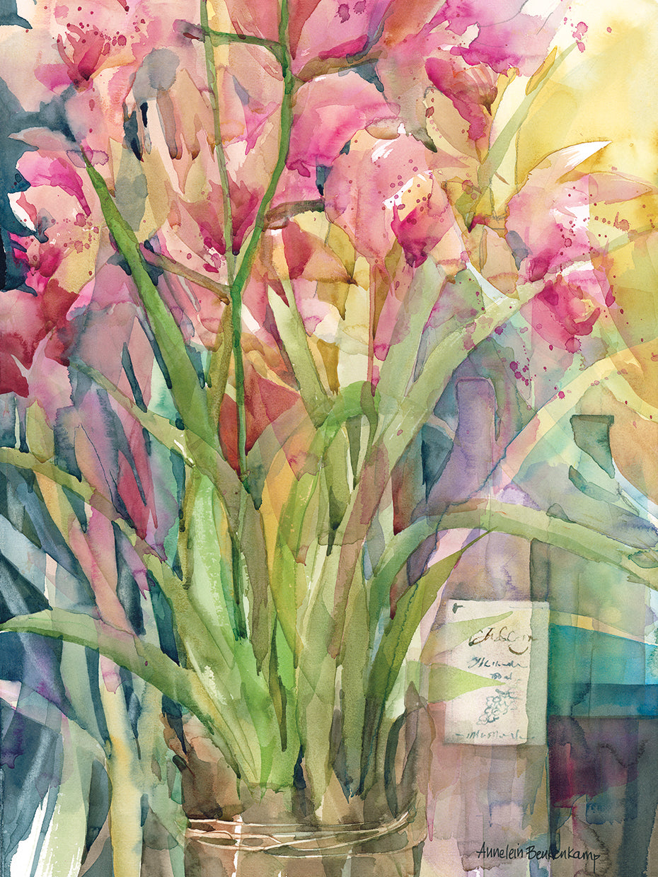 Orchid Gathering by Annelein Beukenkamp - larger sizes handcrafted wall art work on large canvas & framed canvas prints