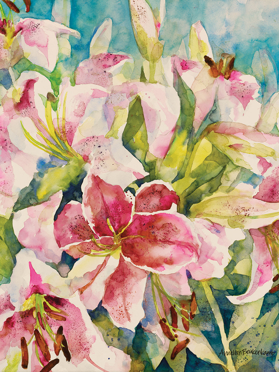 Pink Lilies by Annelein Beukenkamp - highest quality handcrafted wall art work on large canvas & framed canvas prints