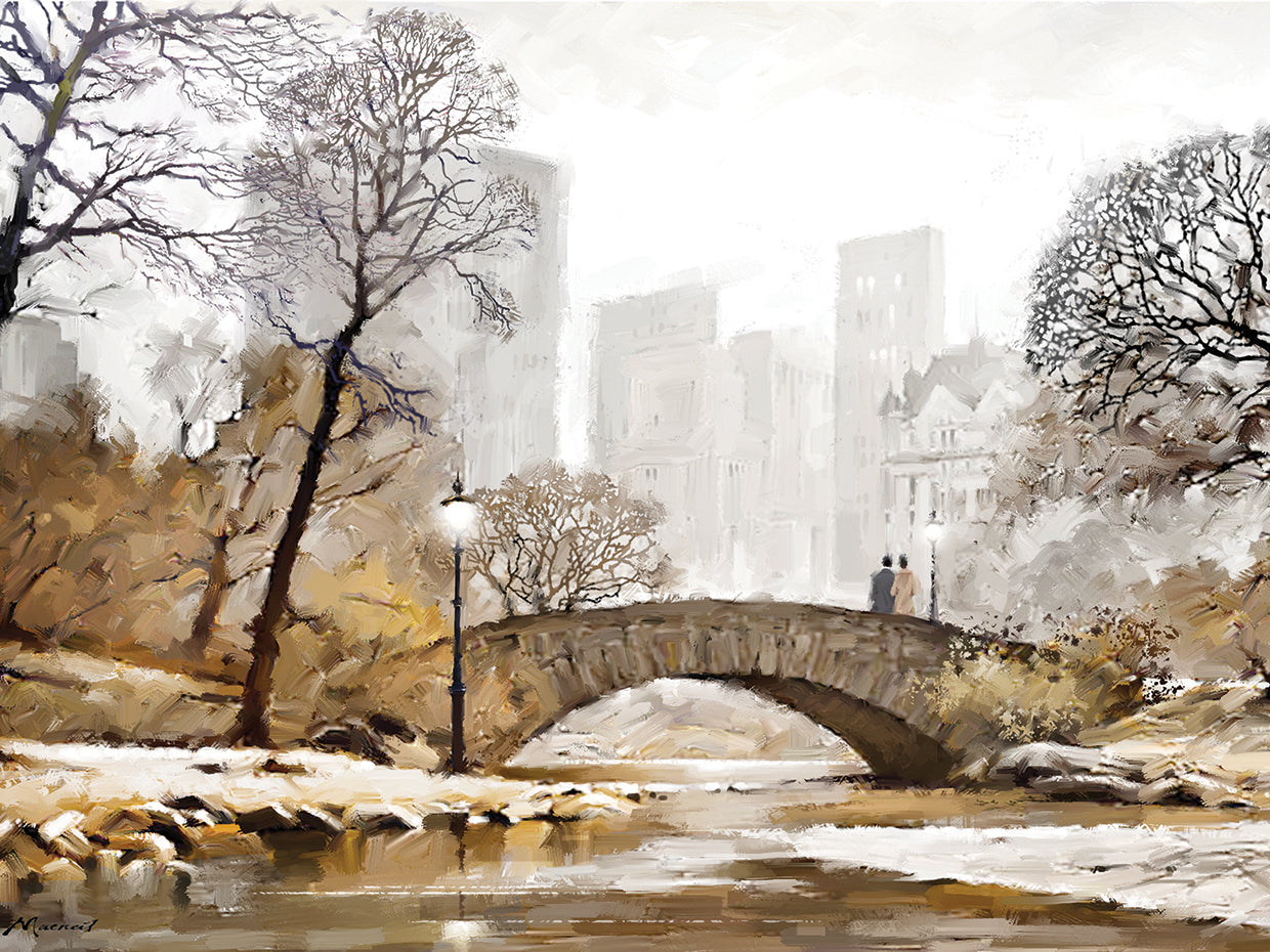 Gapstow Bridge by The Macneil Studio is a peaceful winter cityscape painting printed on canvas or framed canvas