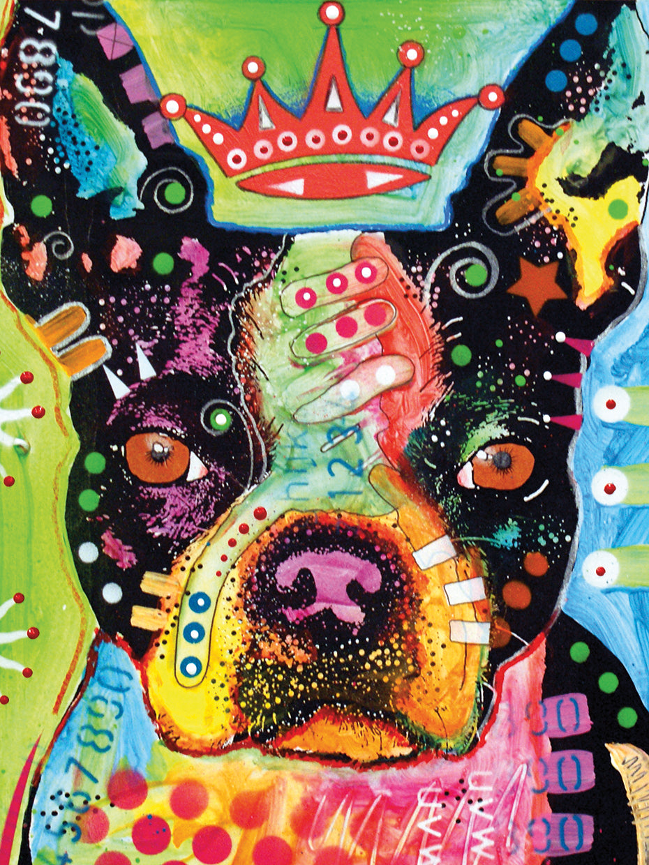Boston Terrier Crowned by Dean Russo - handcrafted wall art work on large canvas & framed canvas prints, made to order