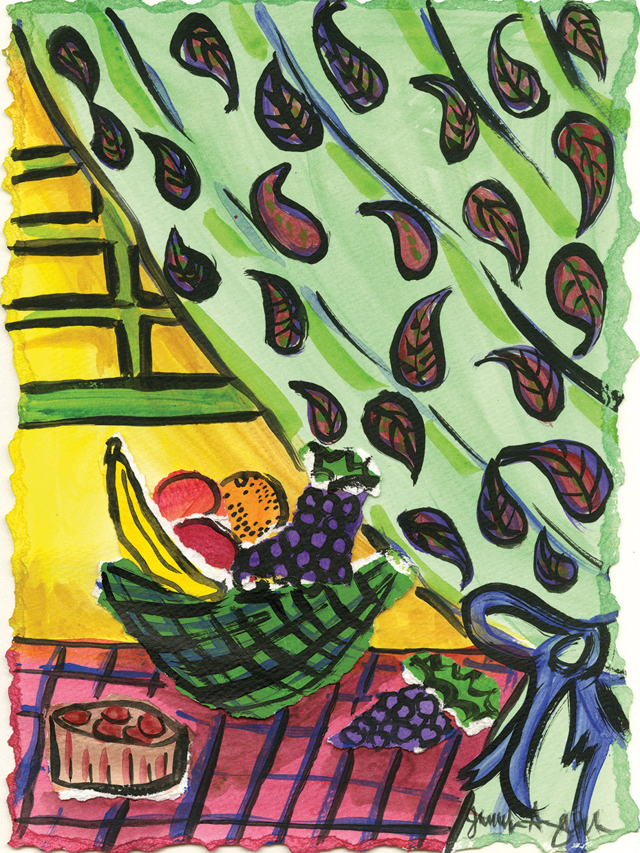 Fruit Bowl and Paisly Curtain