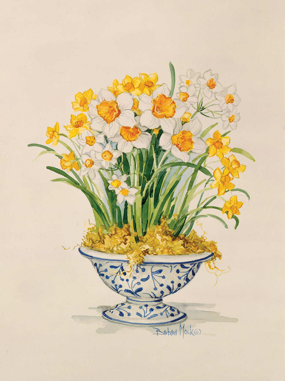 Lienzo de narcisos de porcelana azul y blanca