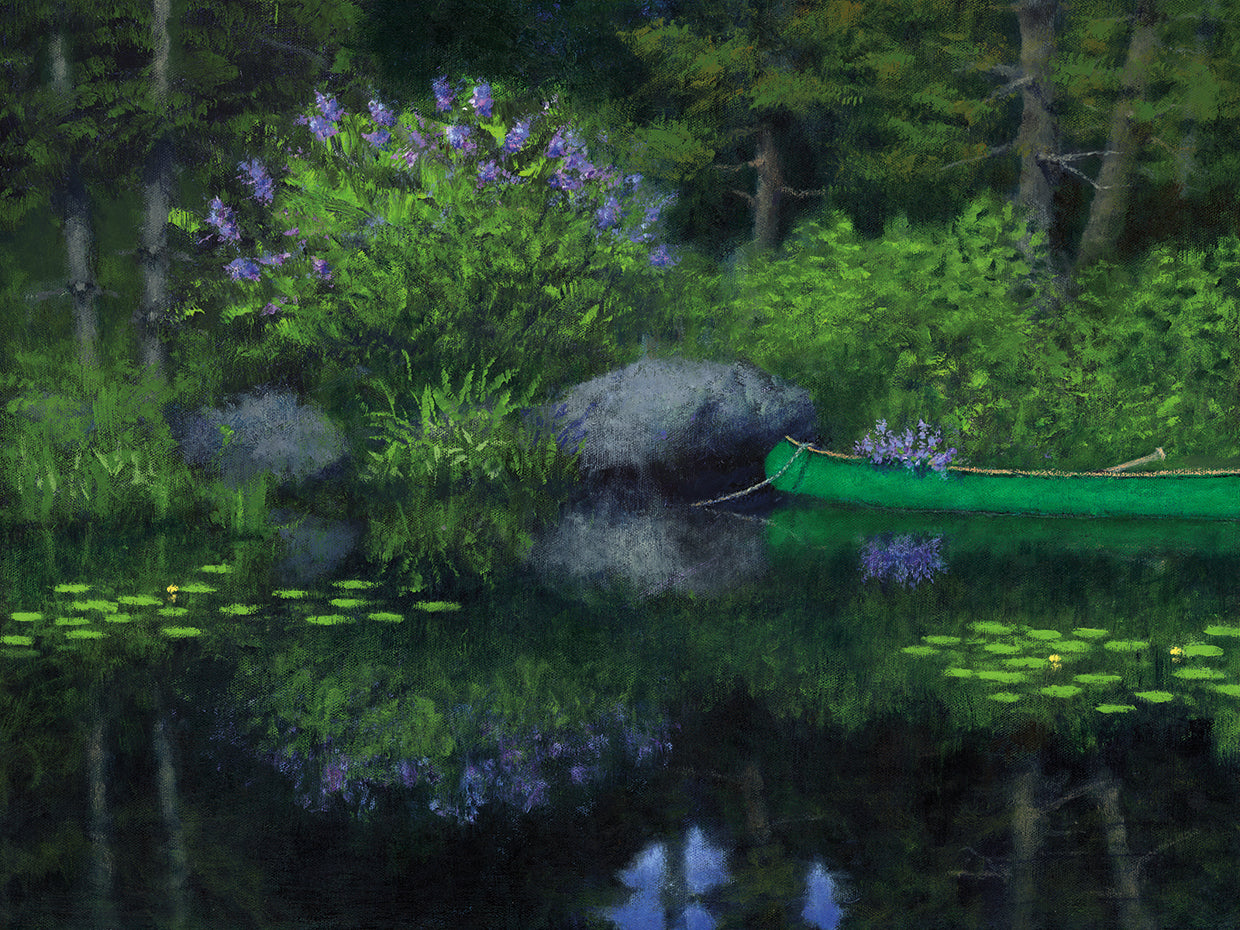 Arte de la lona de la canoa en el lago