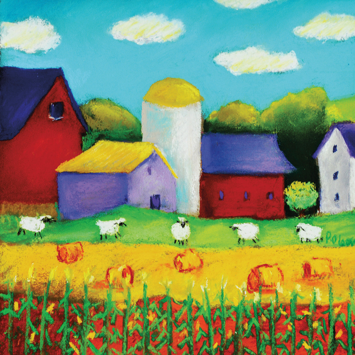 Farm With Sheep and Hay Bales