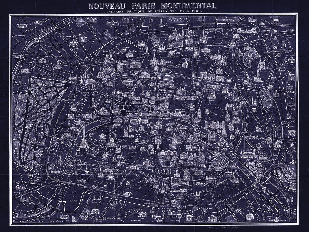 1920 Pocket Map of Paris Blueprint style
