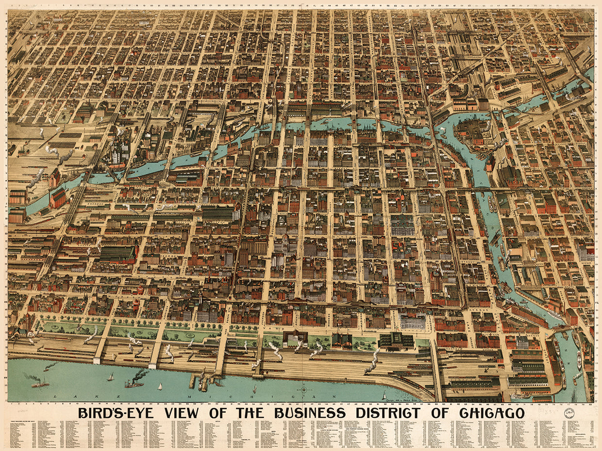 Birds Eye Chicago biz district 1898