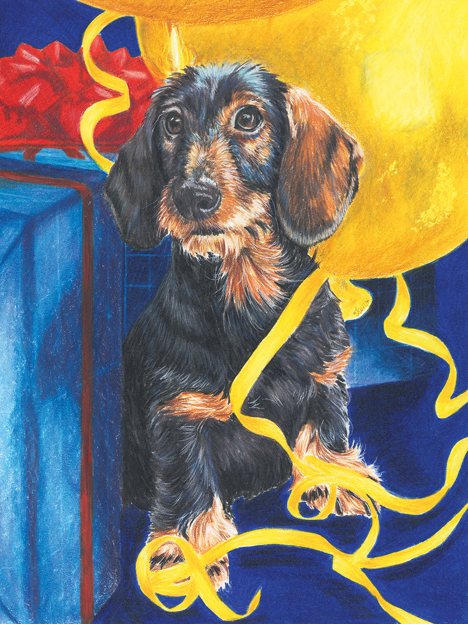 Dachsund With Yellow Ribbons And Balloons