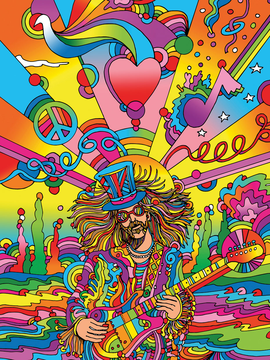 Hippie Musician by Howie Green isΒ is a colorful and contemporary figure pop art painting printed on canvas or framed canvas