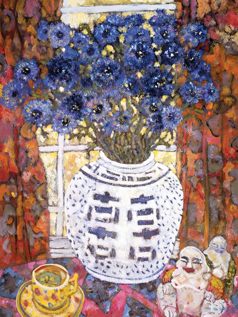 Purple Flowers on White Vase
