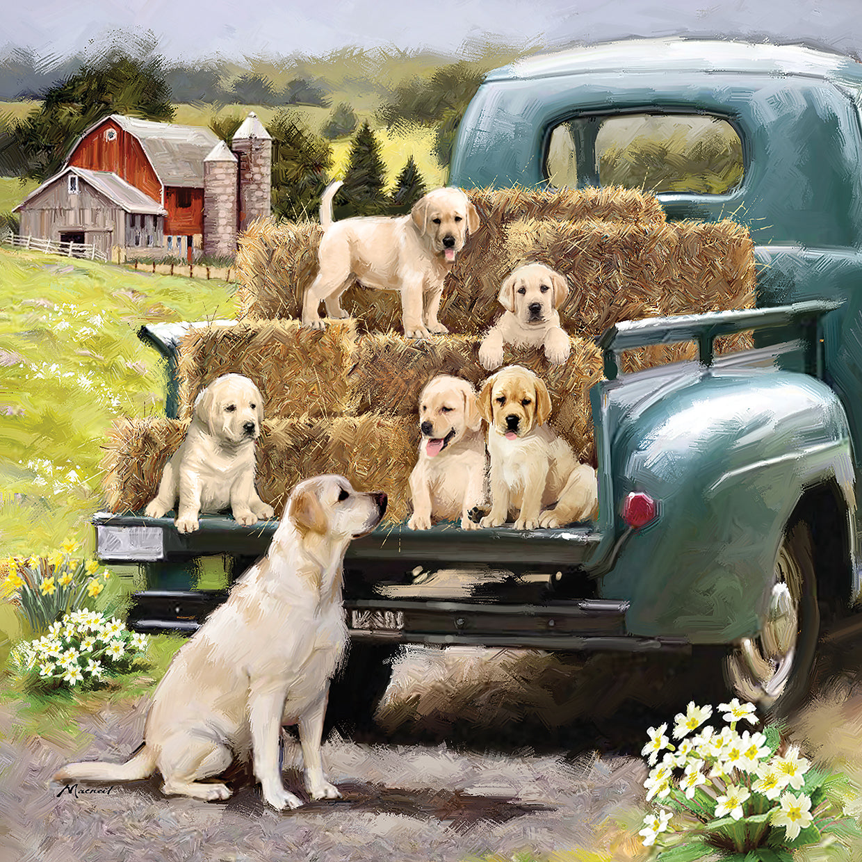 Green Truck Pups handcrafted art work on canvas or framed canvas prints by The Macneil Studio