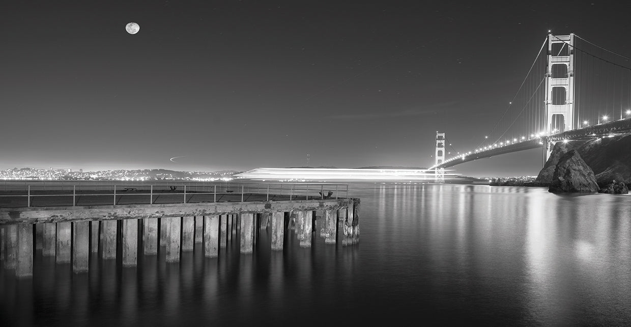 Golden Gate Pier and Stars B&W handcrafted art work on canvas or framed canvas prints by Moises Levy