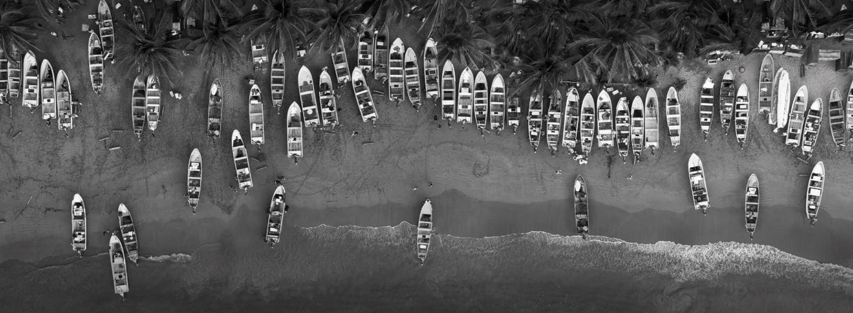 Fumarolas Boats B&W handcrafted art work on canvas or framed canvas prints by Moises Levy