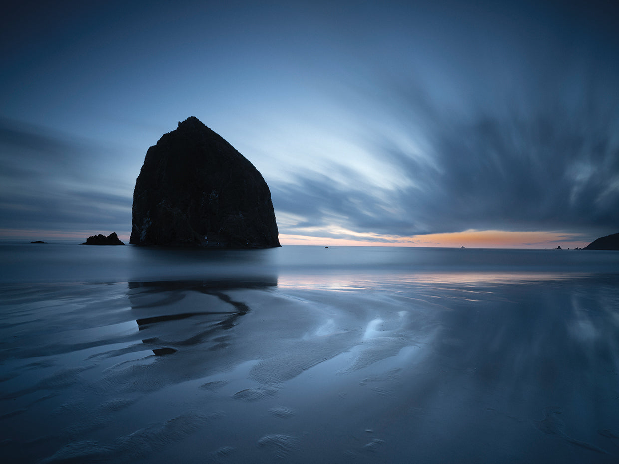 Haystack Rock Dawn handcrafted art work on canvas or framed canvas prints by Moises Levy