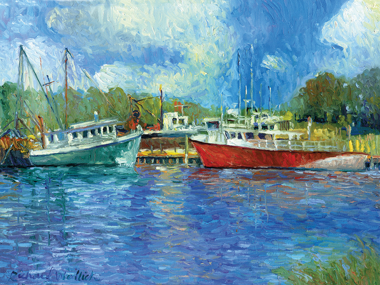 Wickford Boats handcrafted art work on canvas or framed canvas prints by Richard Wallich