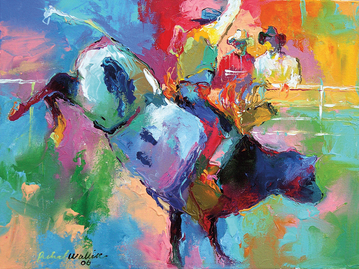Bull Riding handcrafted art work on canvas or framed canvas prints by Richard Wallich