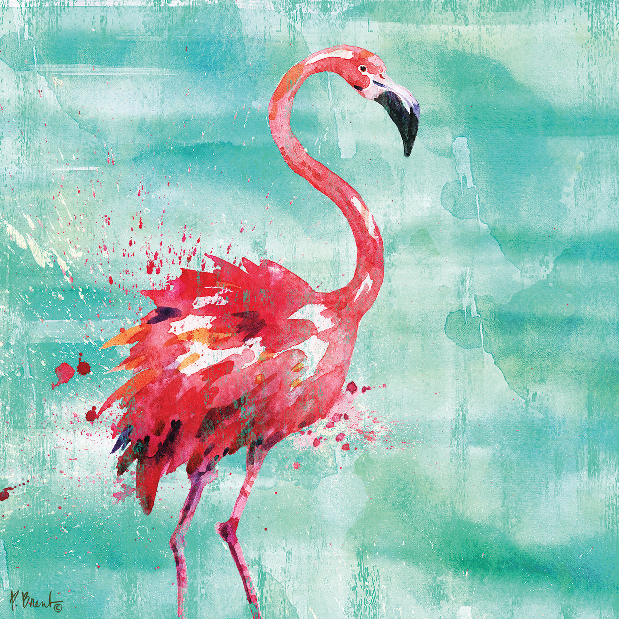 Arianna Flamingo I - Turquoise by Paul Brent - larger sizes handcrafted wall art work on large canvas & framed canvas prints
