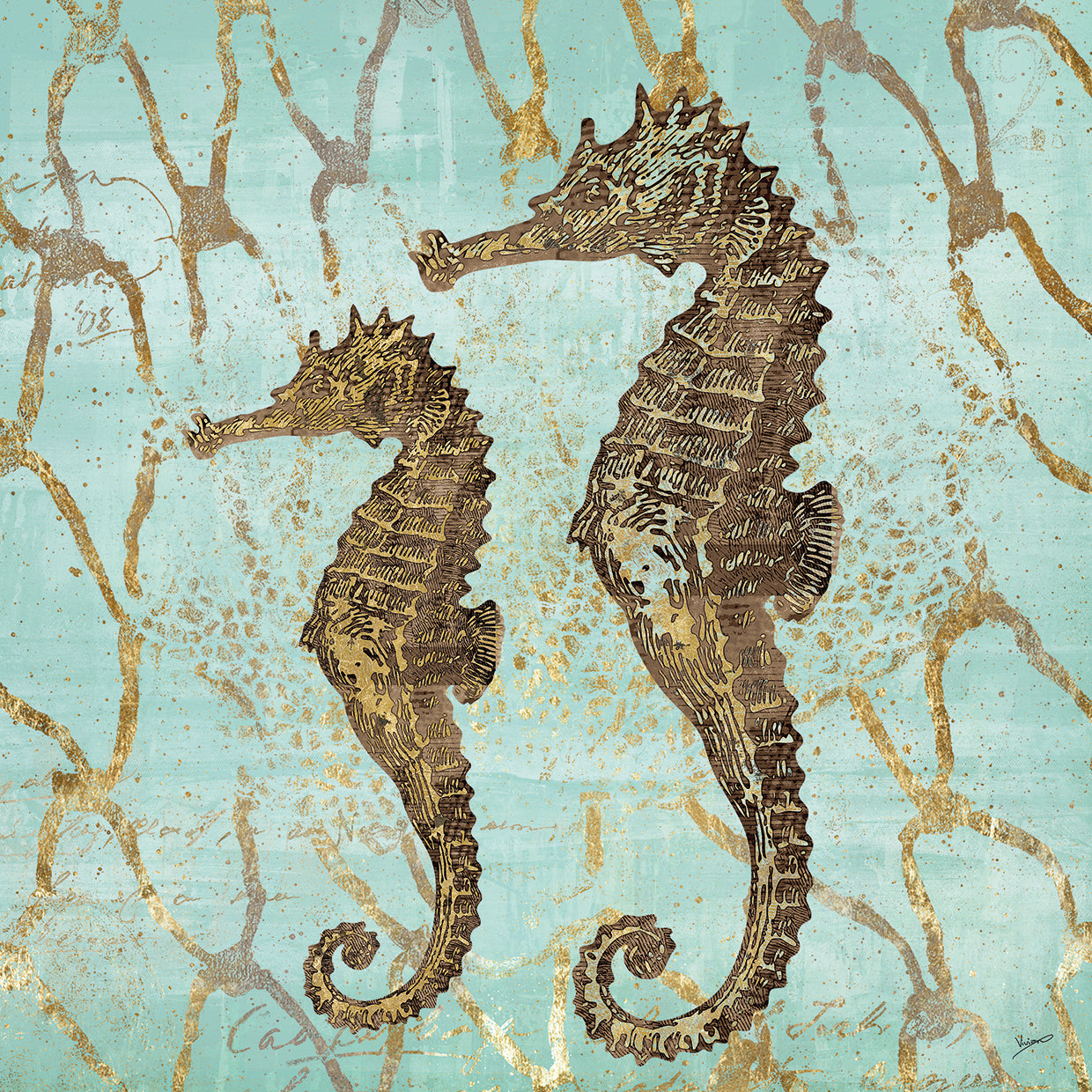 Lienzo de caballitos de mar dorados