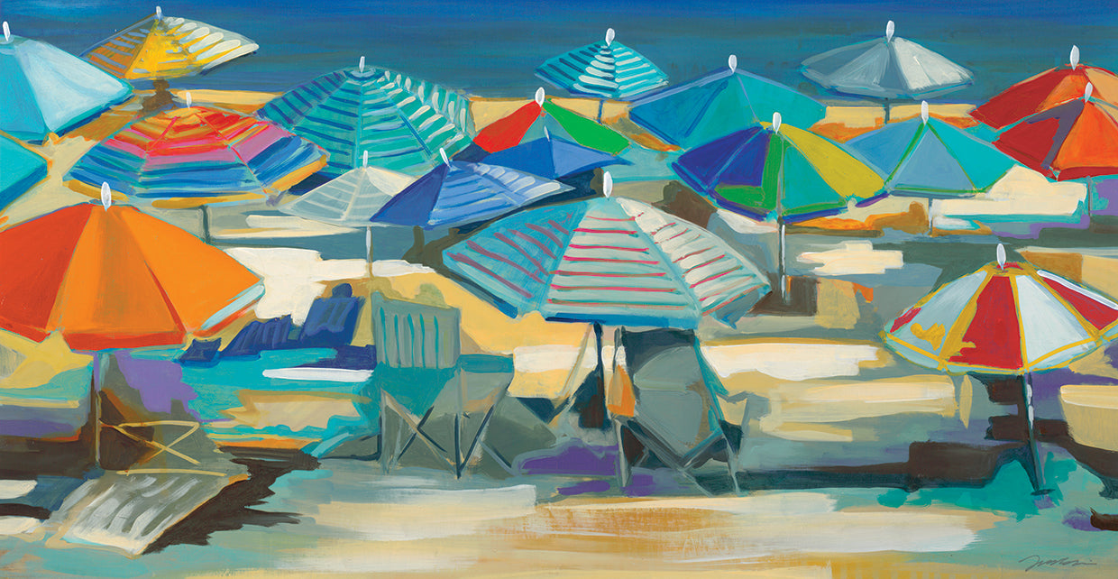 Beach Umbrellas by Liz Jardine - handcrafted wall art work on large canvas & framed canvas prints, made to order