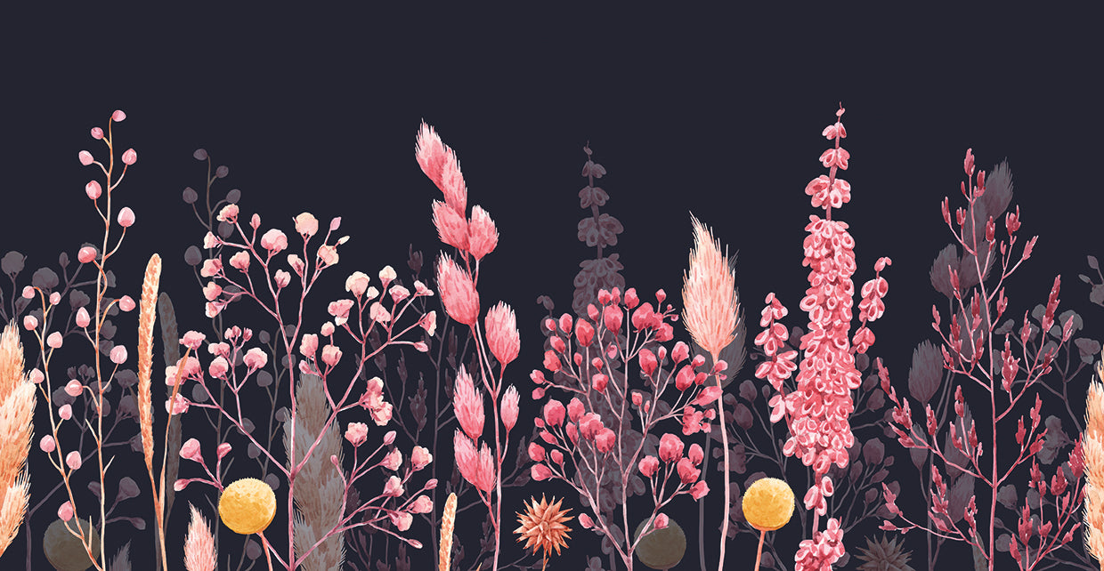 Flores silvestres rosadas en el arte de la lona de la medianoche