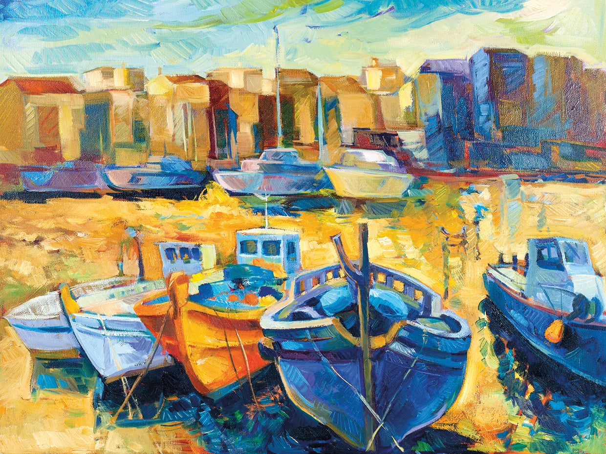 Sunset Harbor Colorful Boats