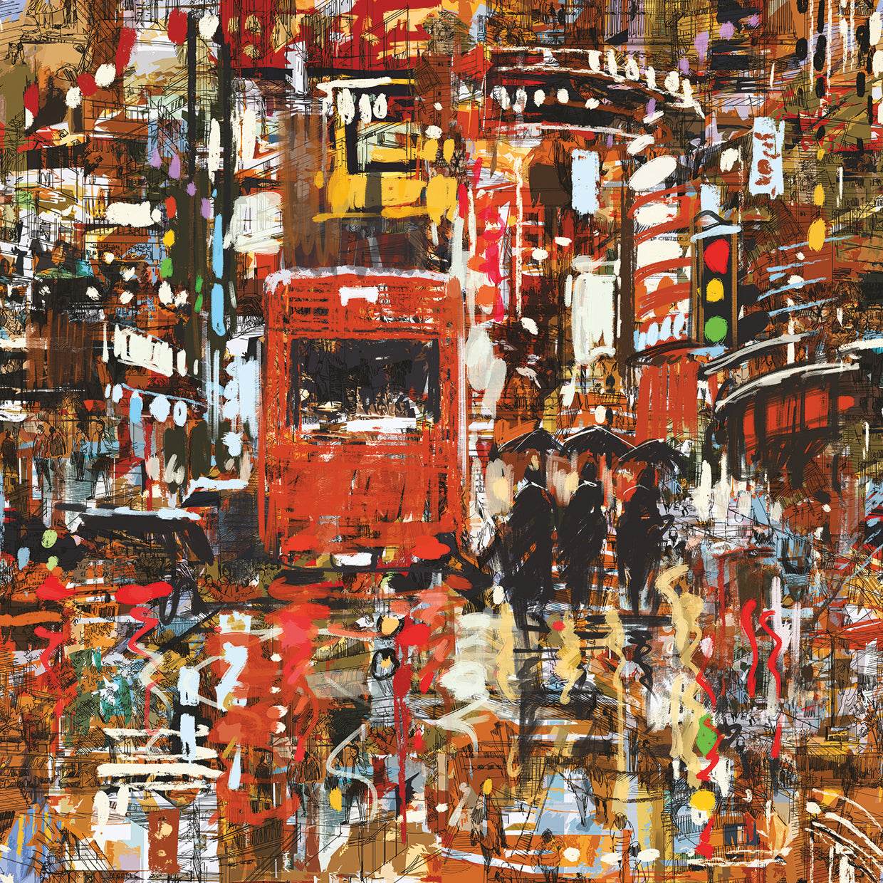 Tranvía rojo Rainy Reflections Canvas Art