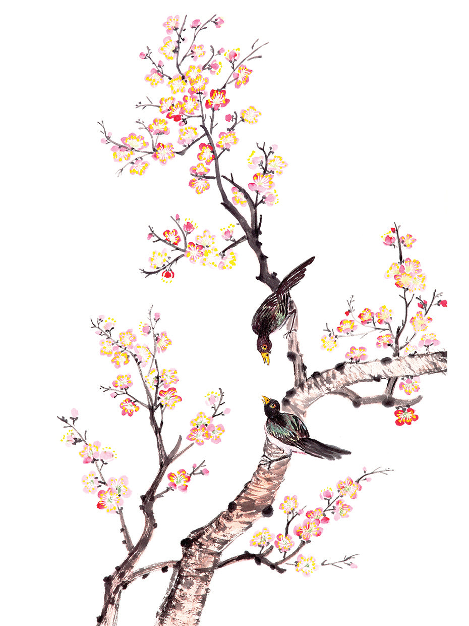 Arte de la lona de los pájaros de las flores del ciruelo