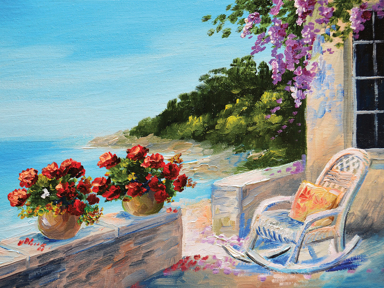 Arte de lienzo de mecedora relajante junto al mar