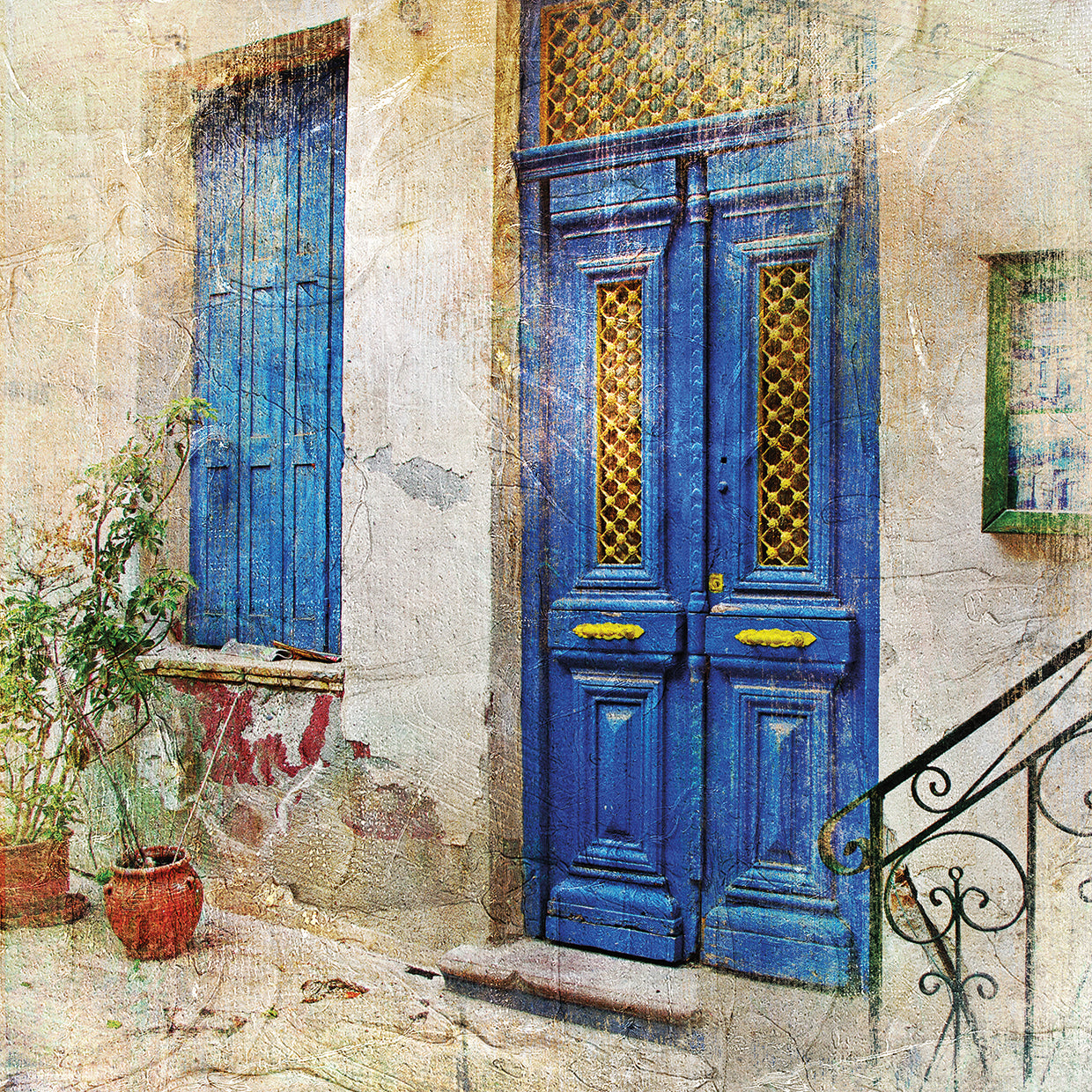 Arte de la lona de las puertas de la taberna azul griega