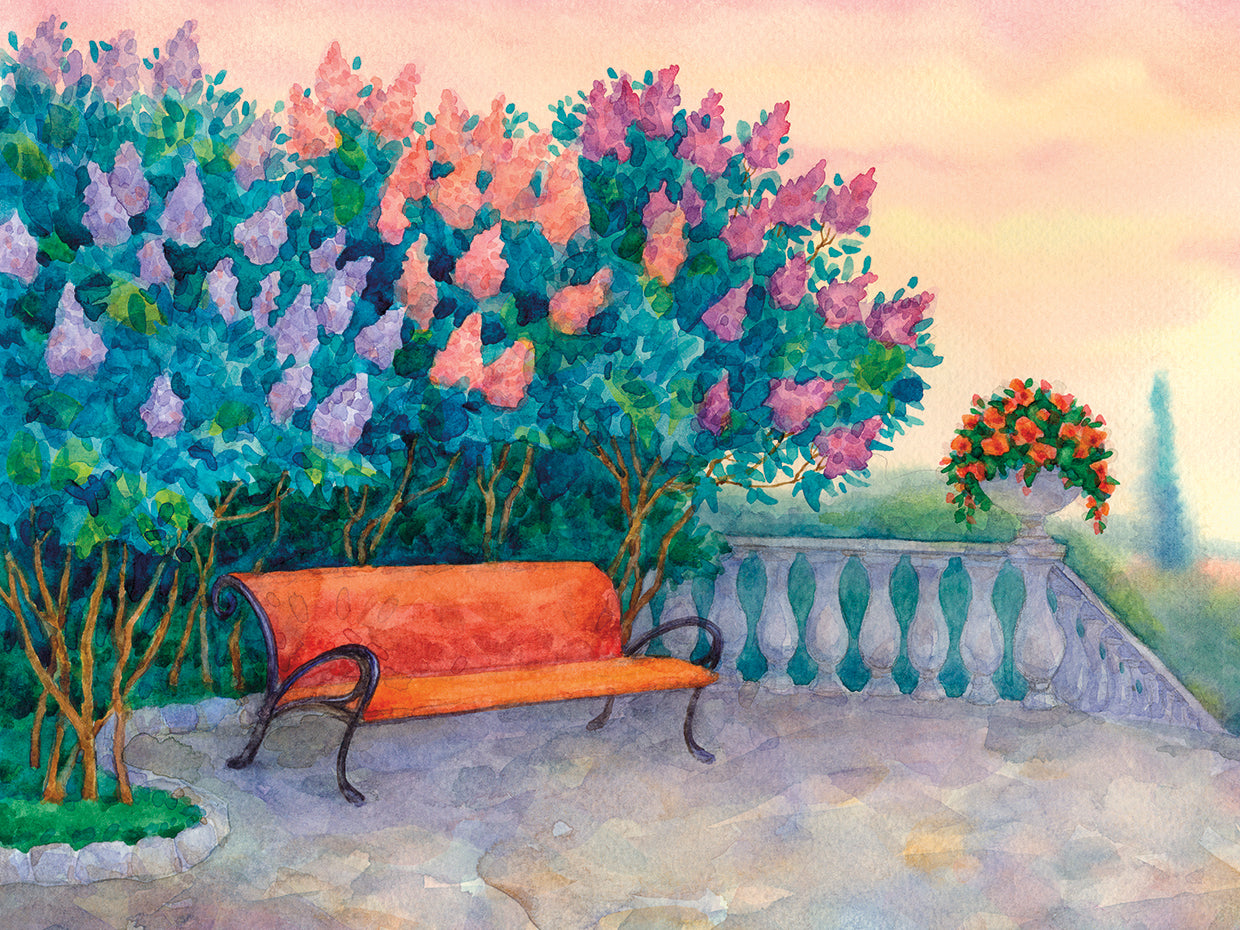 Banco de parque lilas arte de la lona