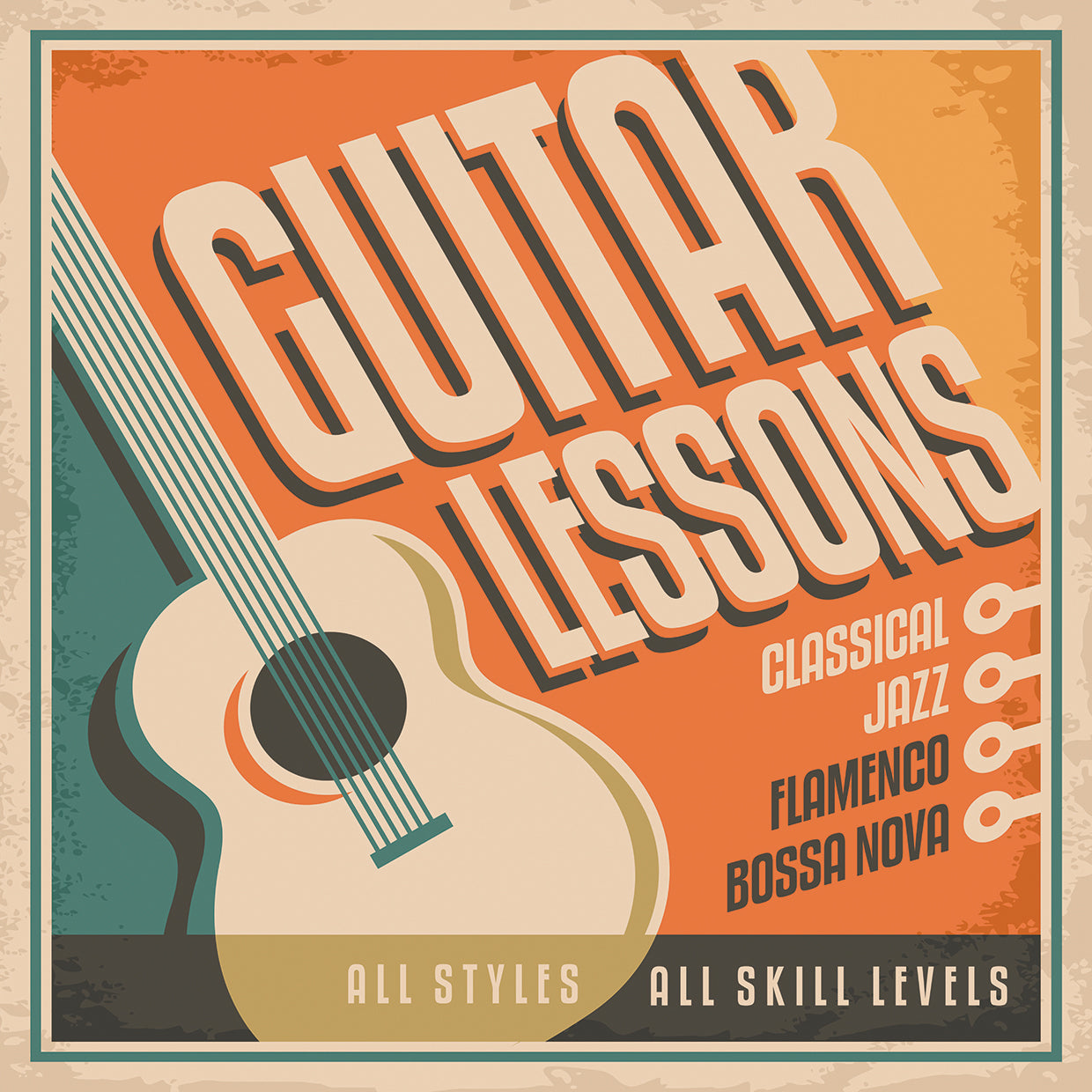 Póster de lecciones de guitarra, arte en lienzo